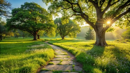 Obraz premium A winding stone pathway leads through a verdant meadow, bathed in the golden glow of the setting sun, as towering trees cast long shadows across the lush landscape.
