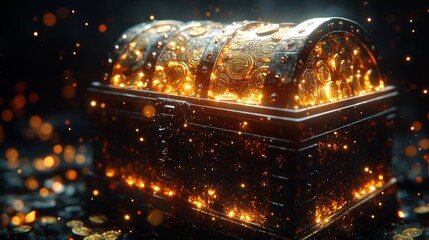 Modern geometric logo of treasure chest showcases clean shapes and lines filled gold coins and gems positioned on white background for professional appearance.