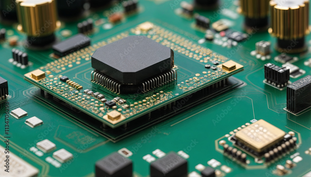 Aufkleber a detailed view showcases a microprocessor mounted on a green circuit board amid various electronic 