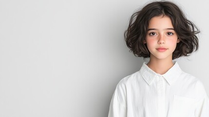 Fototapeta premium Professionalism and Calmness: Confident Young Woman in White Shirt, Perfect for Business or Lifestyle Themes