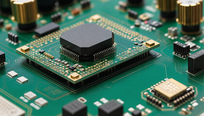 A detailed view showcases a microprocessor mounted on a green circuit board amid various electronic components in a tech lab. The focus highlights intricate connections