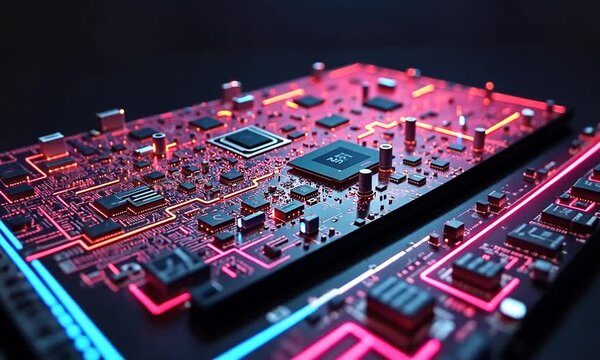 A circuit board with vibrant colors