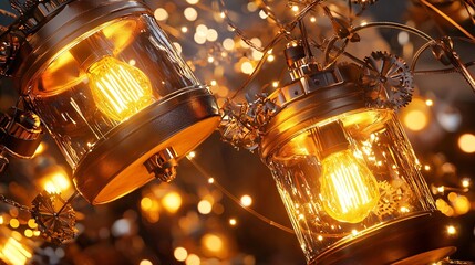 new year and celebration and festivity concept. Vintage Lanterns with Warm Glow on Decorative Background