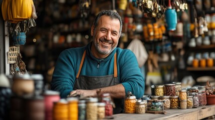 Cheerful shopkeeper in an artisan market showcasing colorful jars filled with spices, grains, and dried herbs in a vibrant, bustling environment