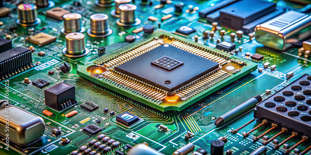 Poster this detailed view showcases a circuit board with a prominent central processing unit surrounded by 