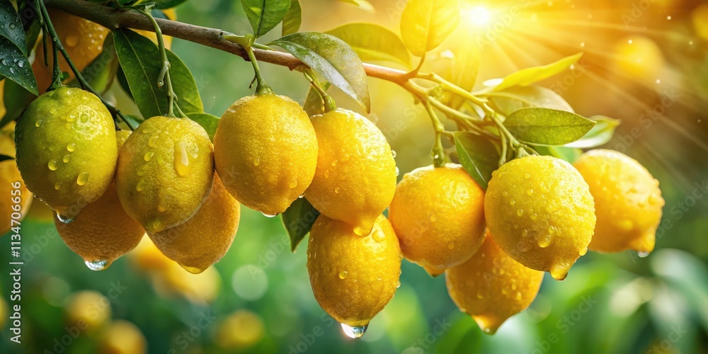 Aufkleber a cluster of ripe lemons hang from a branch, glistening with dewdrops and bathed in the warm glow of