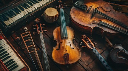 Naklejka premium Antique Stringed Instruments and Keyboards Resting on Wood