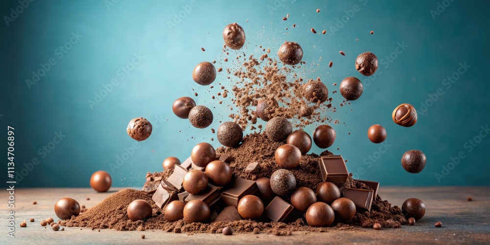 Poster A cascade of rich, dark chocolate truffles and decadent squares explode into a cloud of cocoa powder, creating a delicious and artistic display.