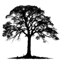 Silhouette of a large tree with spreading branches.