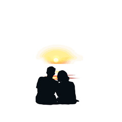 Silhouette of a couple sitting together, watching a sunset over a body of water. Romantic couple in love, back view, white background.