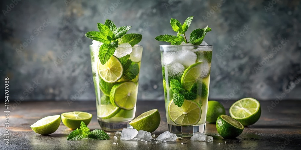 Poster refreshing mint and lime cocktails with ice cubes and slices of lime on dark background