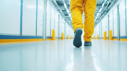 Fototapeta premium A person in yellow attire walks down a brightly lit corridor with clean floors and white walls, emphasizing a sterile, industrial environment.