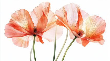 Fototapeta premium A bouquet of coral-orange flowers with soft, layered petals and slender stems, captured in an ultra-realistic style. The floral arrangement is minimalistic and vibrant