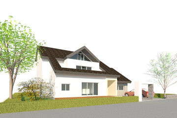 house in the garden, 3D perspective rendering of a two-story detached house