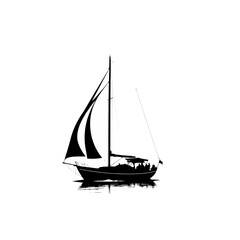 Silhouette of a sailboat with people on board, sailing on the water.