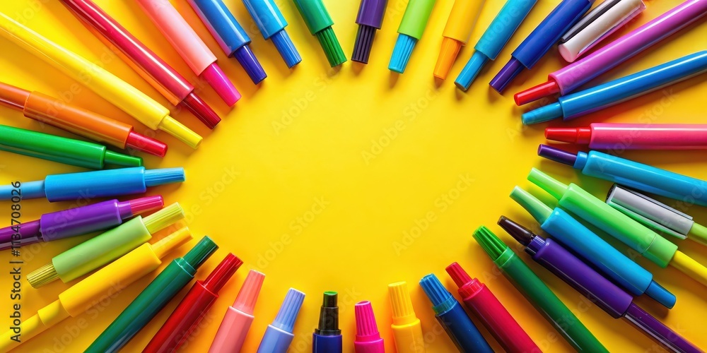 Poster A colorful array of markers arranged in a semi-circle on a vibrant yellow background, creating a delightful visual with room for creativity.