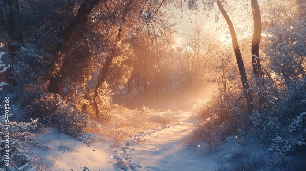 Aufkleber A serene winter forest path illuminated by soft light and surrounded by snow.