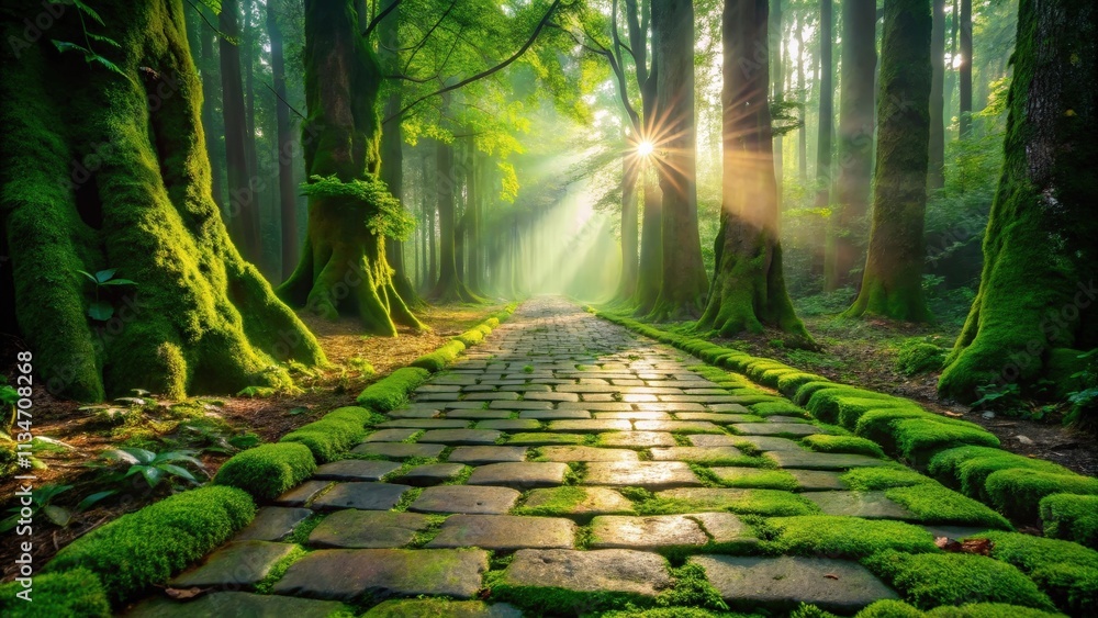 Poster a sunlit path through a mossy forest, where ancient trees stand tall and sunlight filters through th