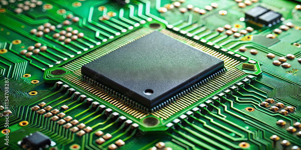 Poster a microchip is mounted on a green printed circuit board filled with complex circuitry