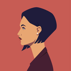 Portrait of businesswoman in business suit with short haircut. Portrait of beautiful brunette in profile. Avatar of girl for social networks. Abstract female portrait, side view. Stock vector illustra