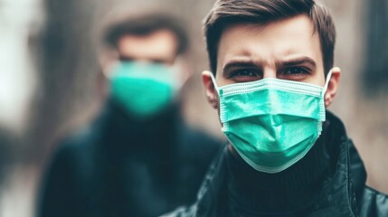 Two men wearing green masks in an urban setting, with a focus on the individual in the foreground, reflecting themes of health and safety.