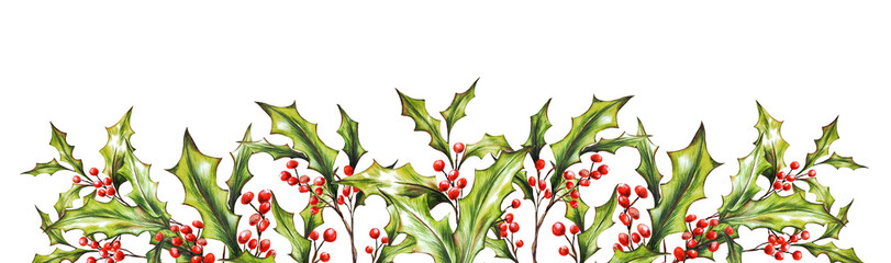 Watercolor Christmas botanical frame, border, branches, leaves, red berries. New Year card template, copy space. Hand painted holiday composition plants . Illustration for design, print, background.