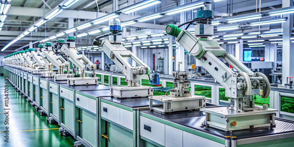 Poster robotic arms work in unison along an assembly line in a bright, well-lit manufacturing plant. this a