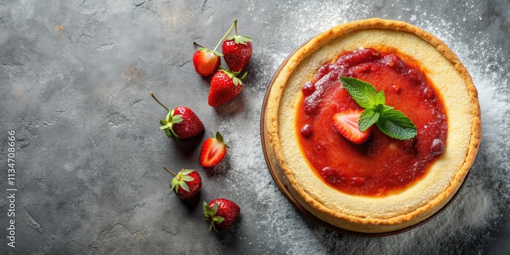 Poster strawberry cheesecake with a fresh mint garnish and a side of berries on a gray background