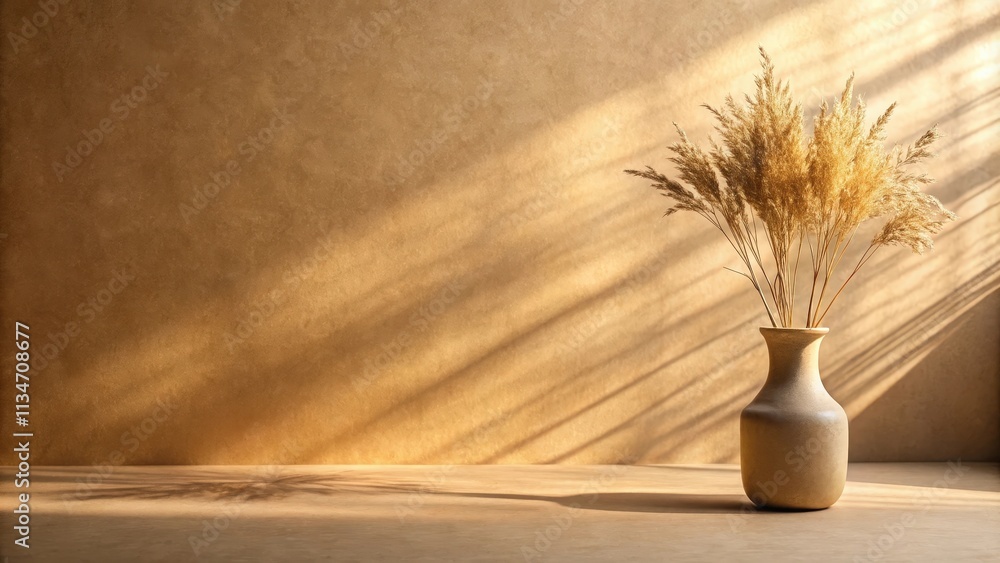 Poster dried grass arrangement in a ceramic vase with sunbeams casting shadows on a neutral background