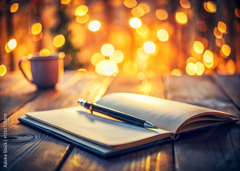 Poster blank page in a notebook with a pen, ready for writing a new chapter - inspiring scene for creativit