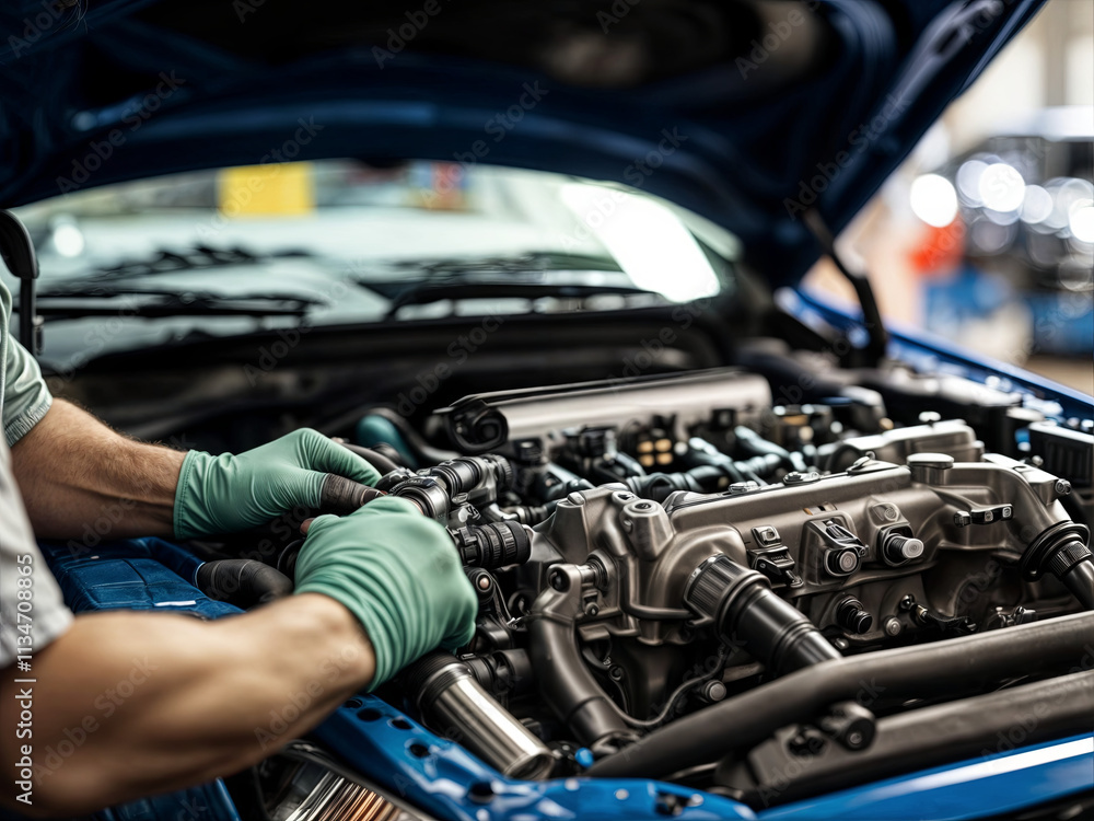 Poster a technician in gloves works diligently on a car engine in a well-lit workshop. tools are nearby whi
