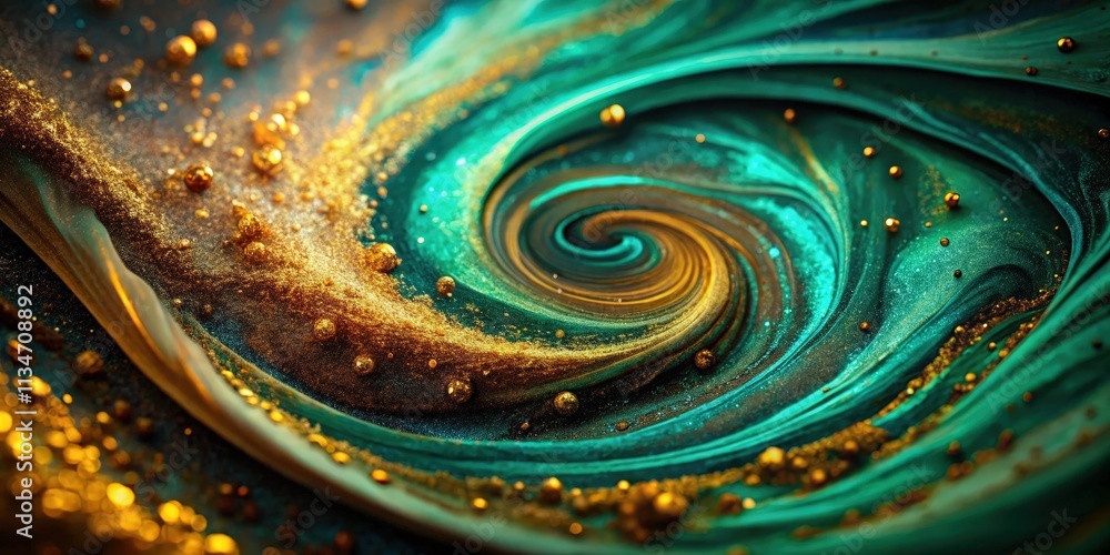 Poster a mesmerizing swirl of teal and gold paint, featuring a captivating vortex surrounded by shimmering 