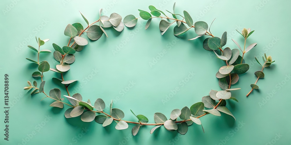 Aufkleber A minimalist green background with a circular arrangement of leaves featuring delicate branches with rounded foliage, creating a natural frame for text or imagery.