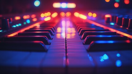 a piano lit by colored lights