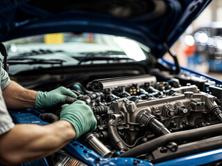 Fototapeta premium A technician in gloves works diligently on a car engine in a well-lit workshop. Tools are nearby while the engine parts are meticulously examined and adjusted for optimal performance