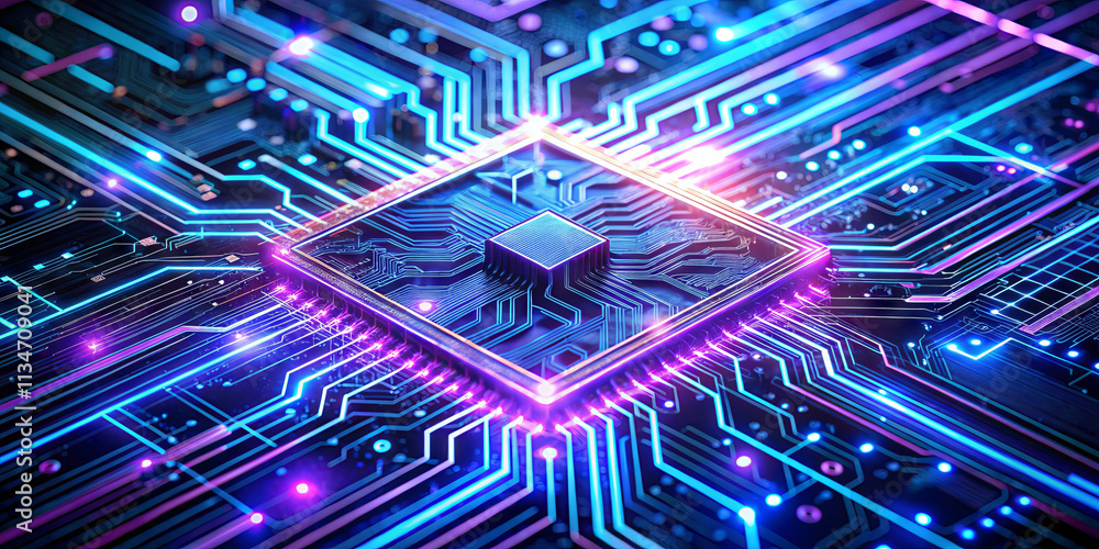 Poster intricate microprocessor sits at the center of a circuit board, illuminated by bright blue and purpl