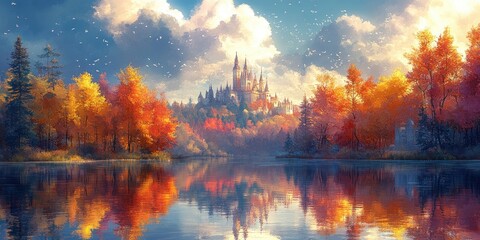 Whimsical Fairy Tale Landscape with Colorful Castle and Vibrant Trees for Children's Room Decor