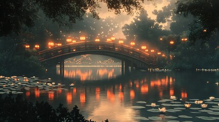 Obraz premium A tranquil scene of a bridge over a lotus pond, adorned with lanterns reflecting on the water surface 