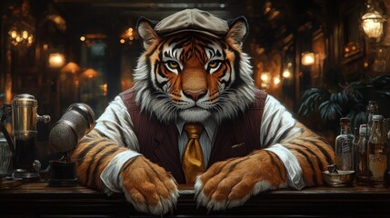 A tiger in a suit sits at a bar, exuding a sophisticated and whimsical atmosphere.