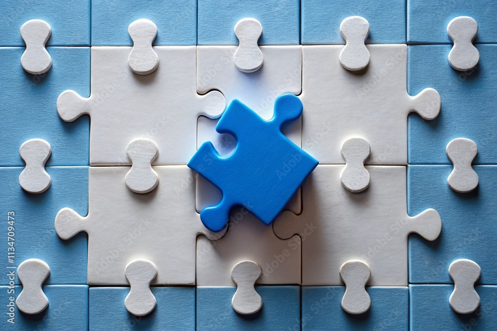 Poster blue and white puzzle piece with central square, symbolizing unity and complexity in architectural d