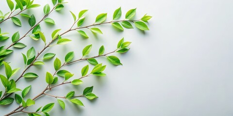 Obraz premium A collection of delicate green leaves on slender branches arranged asymmetrically on a pristine white surface.