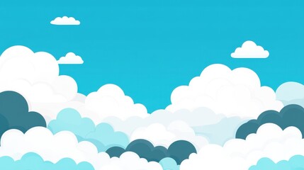 A bright blue sky filled with fluffy white clouds, creating a serene and cheerful atmosphere.