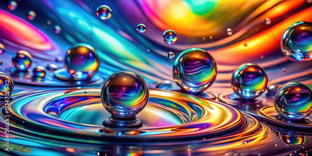 Poster a mesmerizing display of iridescent spheres resting on a vibrant, swirling surface, capturing the in