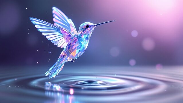A crystal hummingbird in mid-flight, wings shimmering with prismatic colors, hovering above a pool of molten silver, against a dreamy twilight background