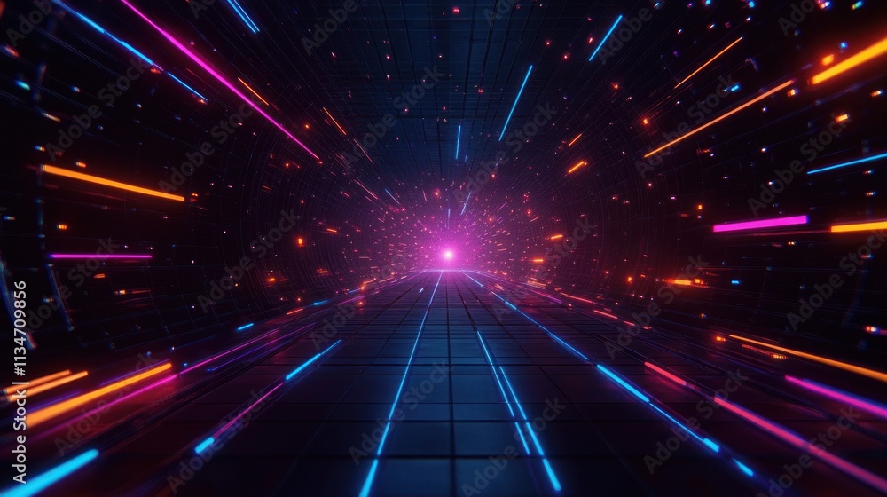 Poster futuristic neon light landscape with geometric shapes and digital abstract design for virtual realit