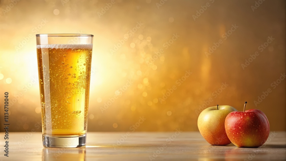 Poster A tall glass of sparkling cider with two apples in the foreground, resting on a white surface with a golden bokeh background.