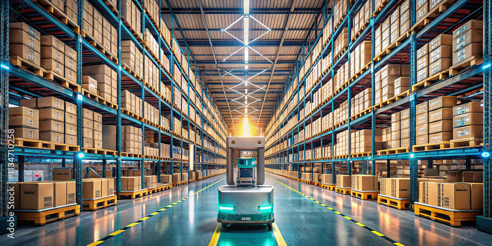 Poster a robotic vehicle moves efficiently through a spacious warehouse filled with neatly stacked boxes. b