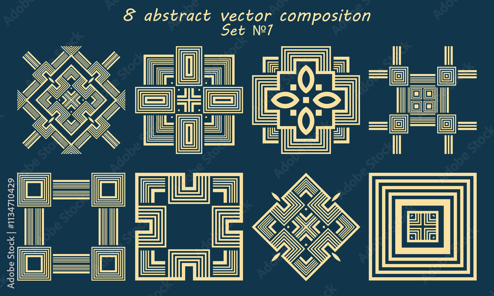 Aufkleber eight abstract square compositions with various decorative additions. vector set