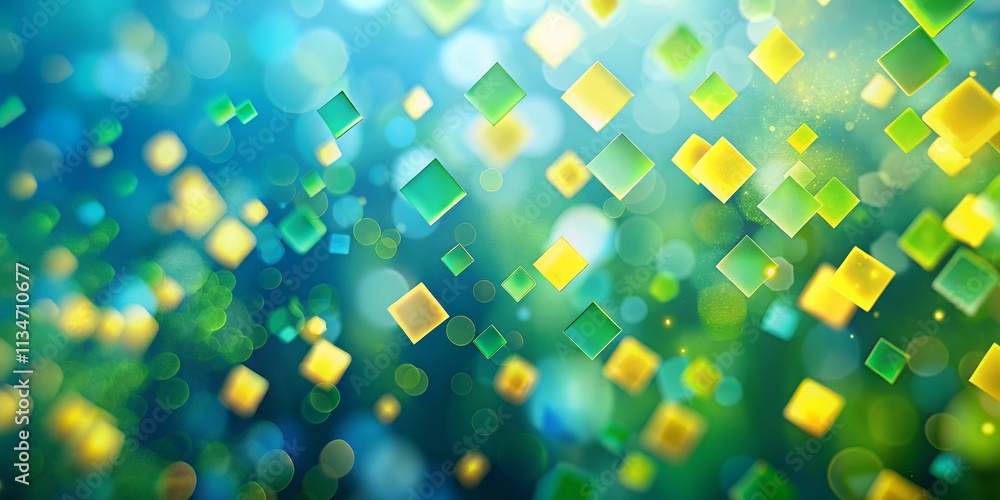 Aufkleber blurry bokeh of green and yellow squares against a soft blue background for abstract art and design 