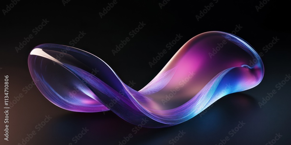 Poster transparent colored iridescent object on dark background.